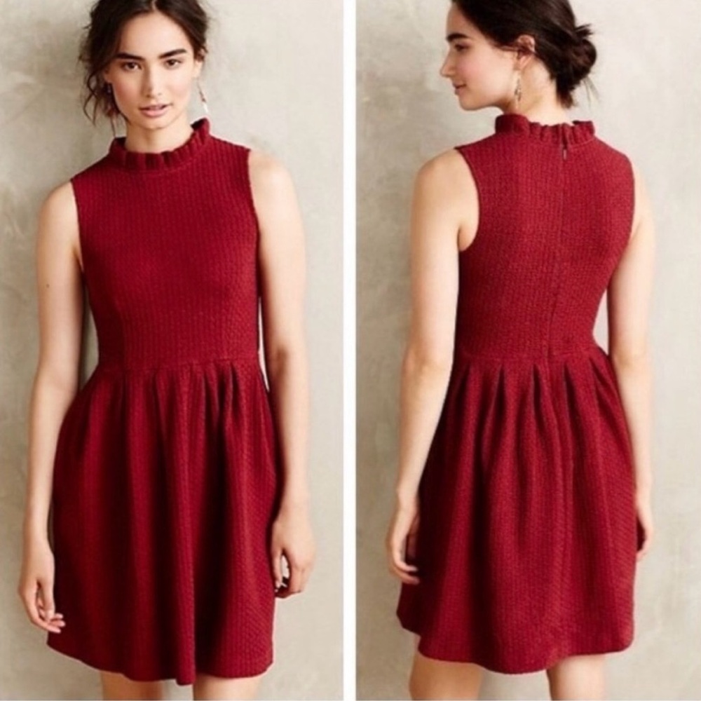 Ganni Anthropologie Textured Red Maroon Mini Dress Pockets High Neck Ruffle Sz S